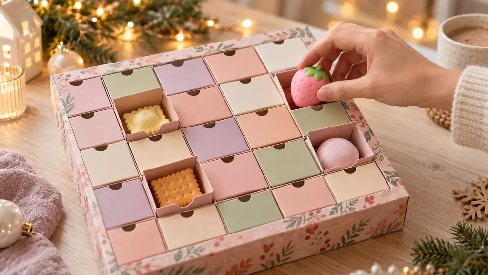 Un calendrier de l’avent ouvert sur des mini squishies (illustration générée par IA)