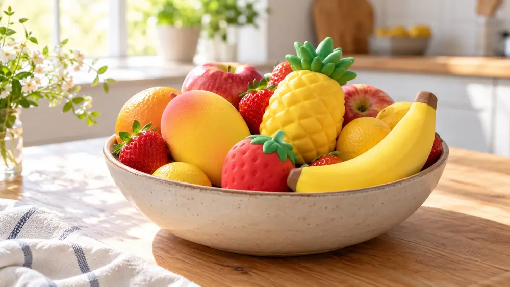Des squishies en forme de fruits dans une coupe (illustration générée par IA)