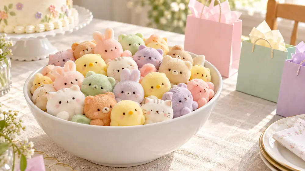 Un bol de mini squishies mochi pour un anniversaire (illustration générée par IA)