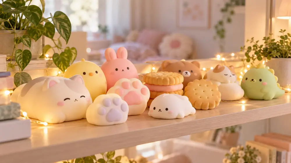 Des squishies Taba kawaii sur une étagère (illustration générée par IA)