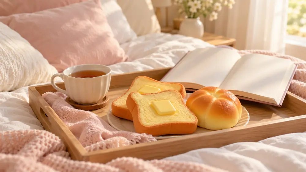 Des squishies toast sur un plateau de petit-déjeuner (illustration générée par IA)
